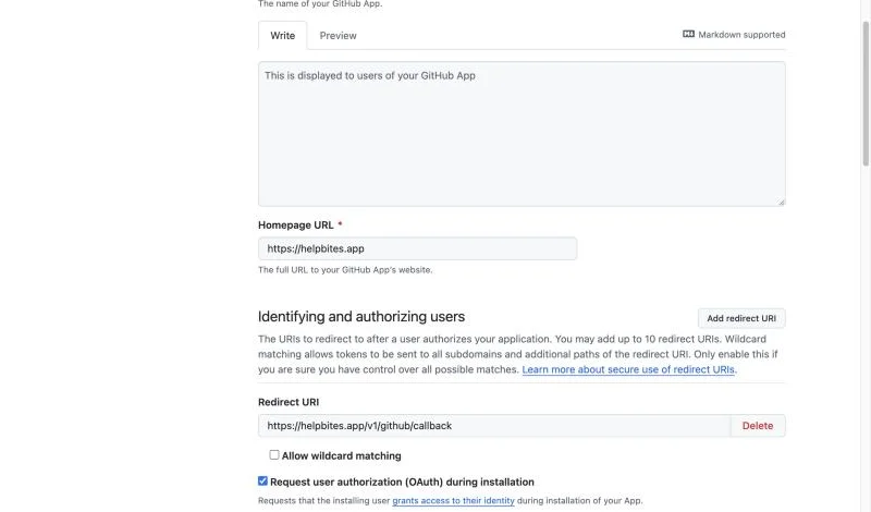 The app's URL fields: homepage, callback URL and Request user authorization ticked
