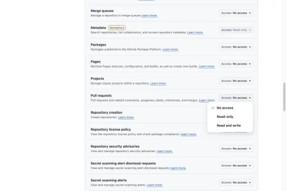 Pull requests set to Read-only from the Access dropdown