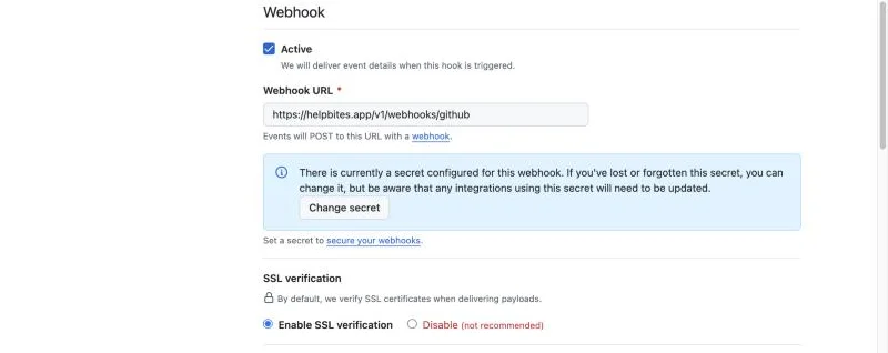 The webhook section: Active ticked, the webhook URL and a secret