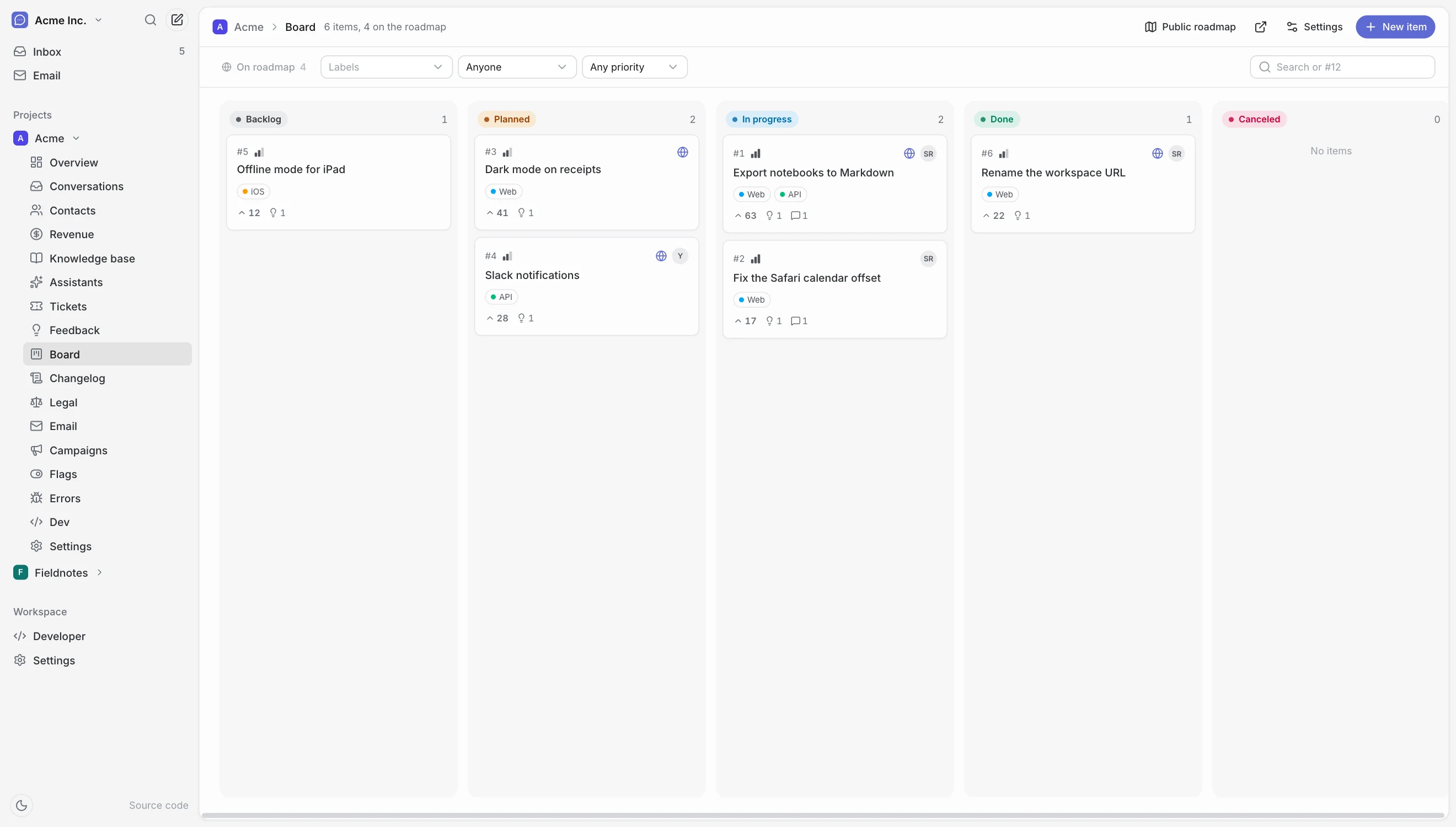 Planning: backlog, planned, in progress and done columns with vote counts on each card.