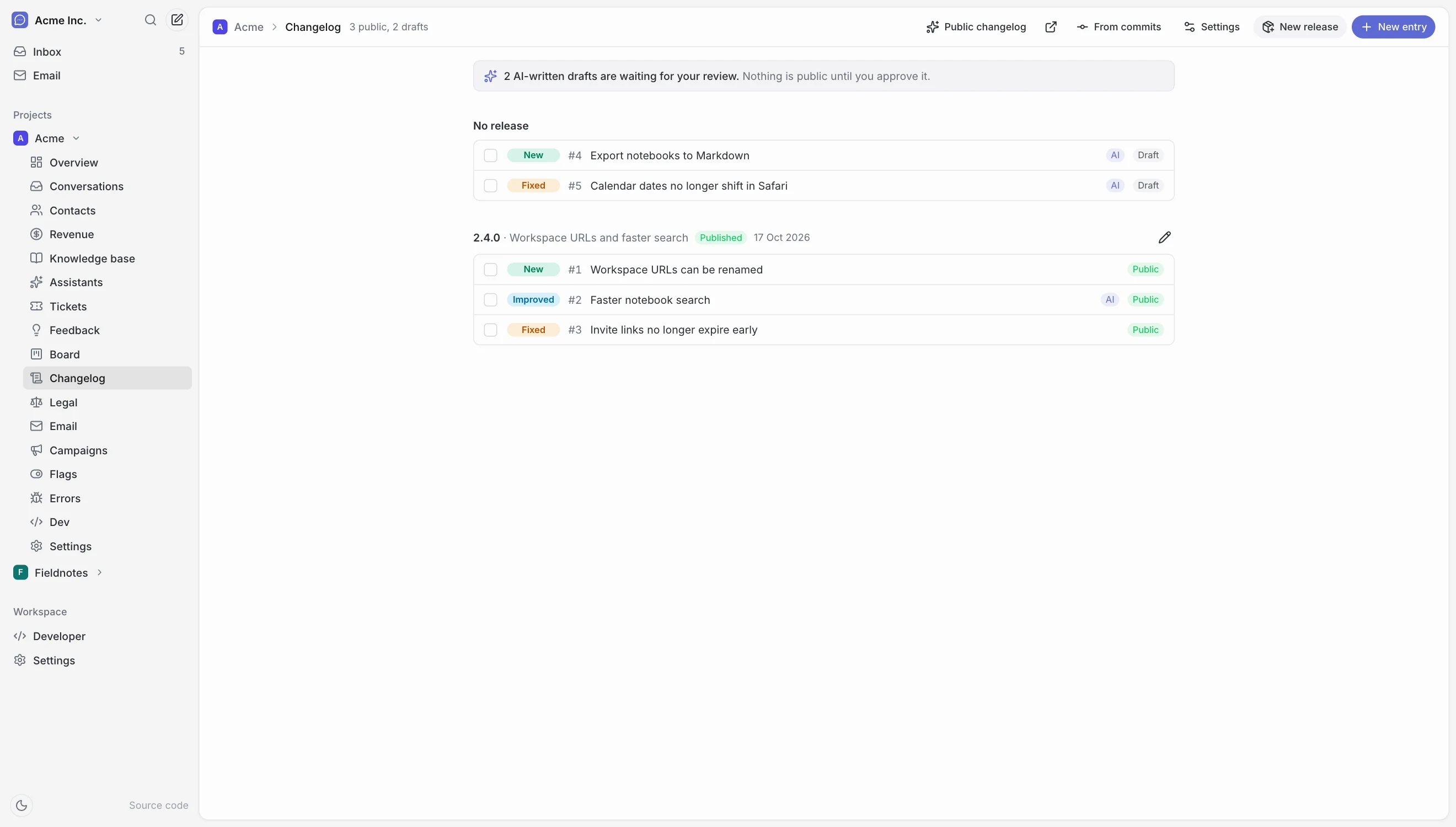 The changelog panel with two AI drafts awaiting review and a published release.