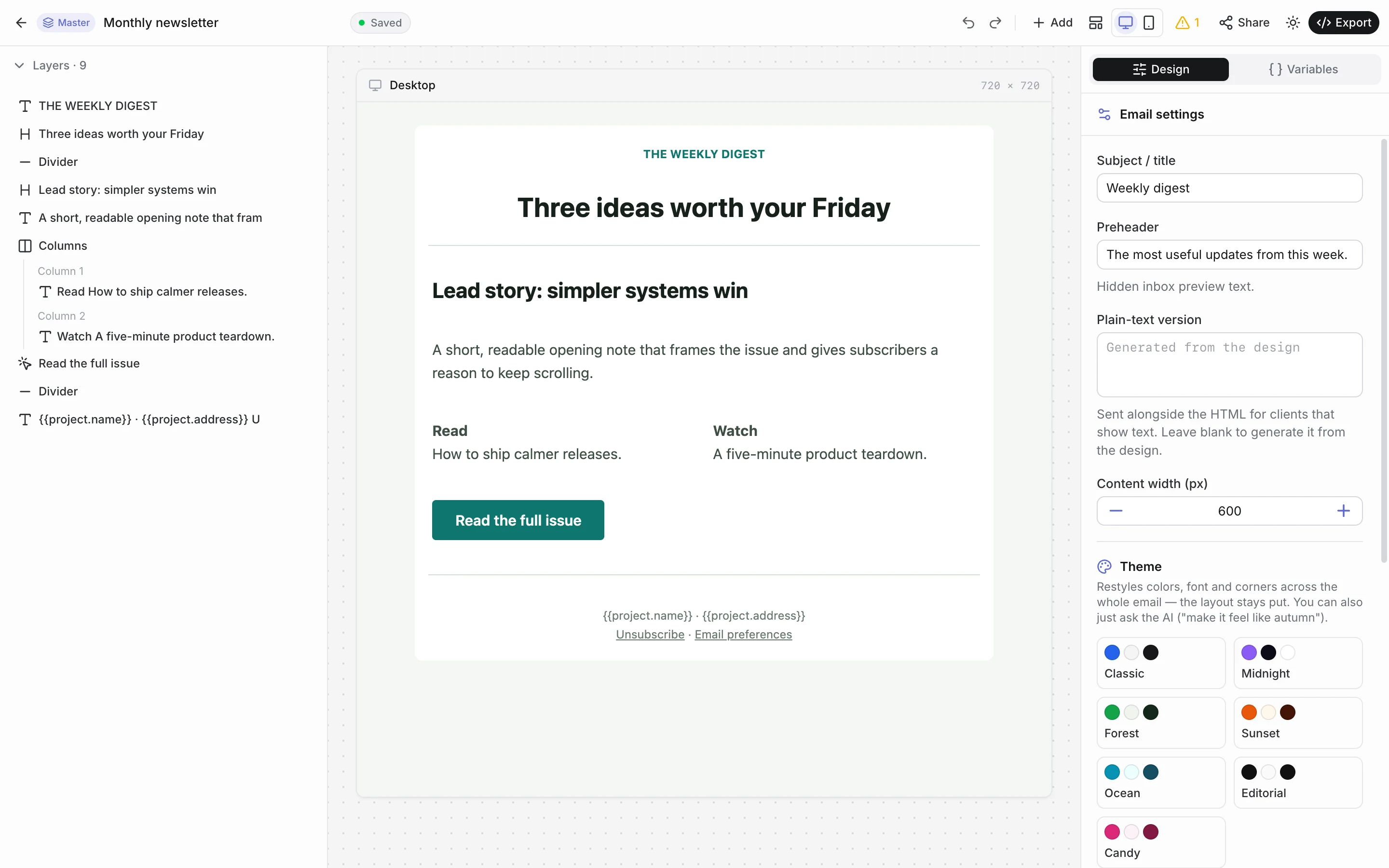 The email designer with a layer tree, a newsletter preview and theme settings.