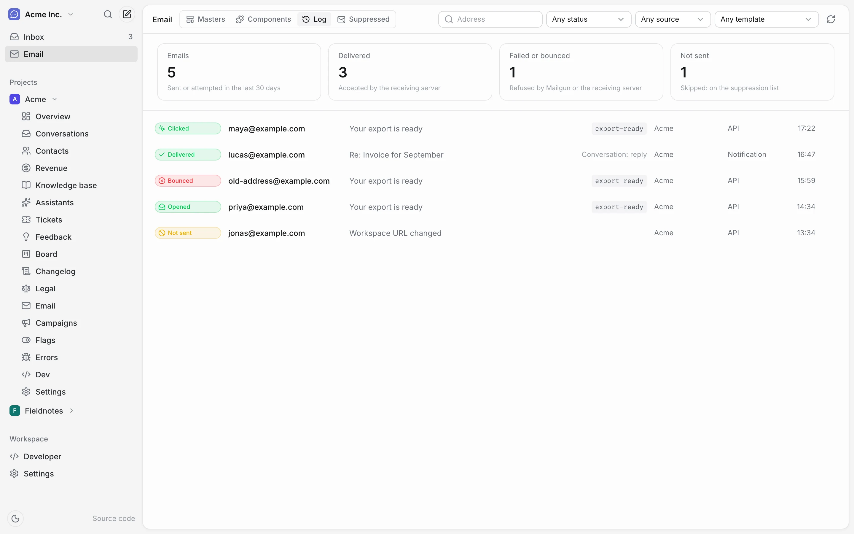 The email delivery log with delivery statistics and per-recipient status.