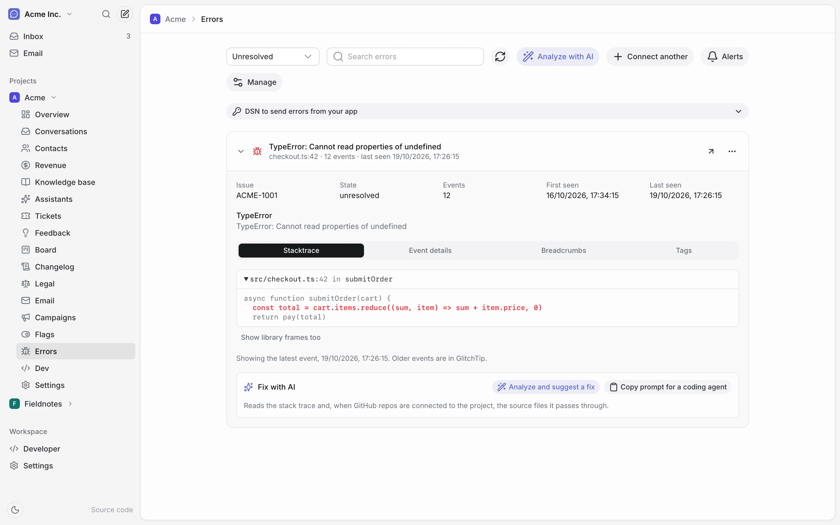 An error expanded to its stack trace, with a Fix with AI panel underneath.