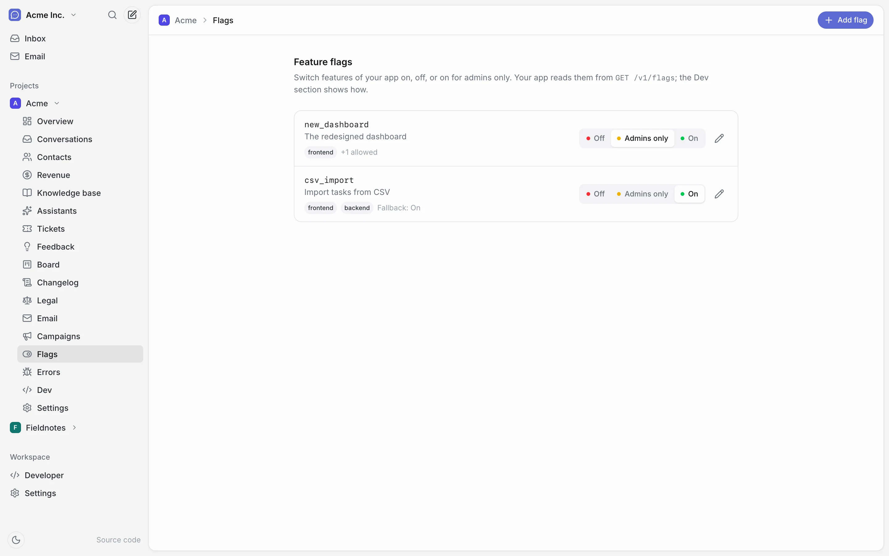 Two feature flags with Off, Admins only and On switches.